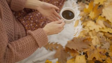 close up side view of charming happy brunette woman at picnic in bright autumn park with yellow foliage. stylish attractive girl sits on blanket in park at warm fall day and drinks coffee.