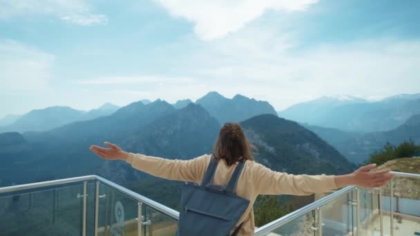 Rear View Woman Raised Hands Viewpoint Mountains Tunektepe Teleferik Antalya — Stock video