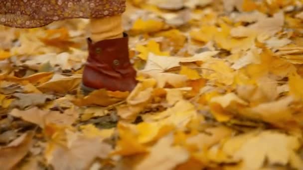 Slow Motion Close Legs Leather Boots Charming Woman Walks Bright — Vídeo de Stock