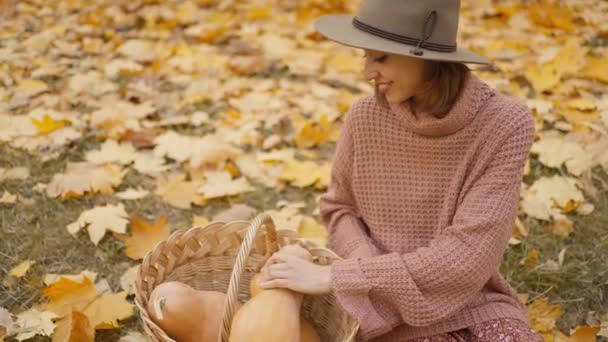 Slow Motion Close Charming Woman Walks Bright Autumn Park Yellow — Stock Video