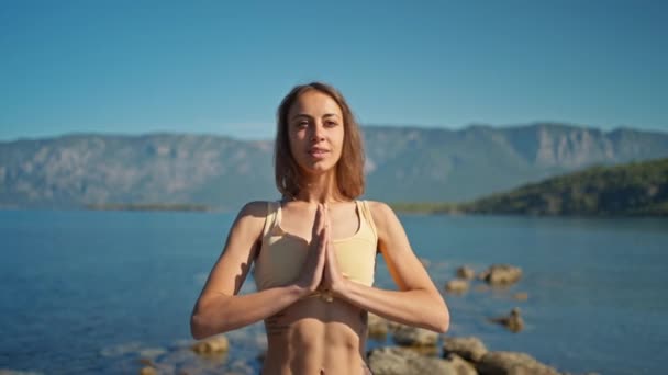 Close Female Healthy Slim Body Doing Yoga Lotus Pose Hand — Stock Video