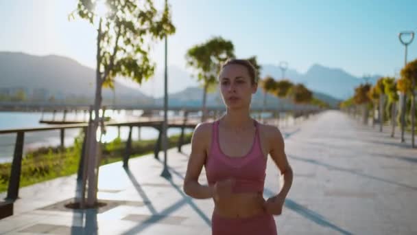 Portrait Fitness Healthy Woman Running Road Promenade Jogging Workout Wellness — Vídeos de Stock
