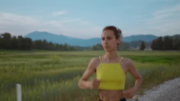 Slow Motion Portrait Young Athlete Woman Running Fast Road Training — Stock Video