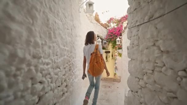 Slow Motion Leende Vacker Kvinna Turist Resenär Med Ryggsäck Promenader — Stockvideo