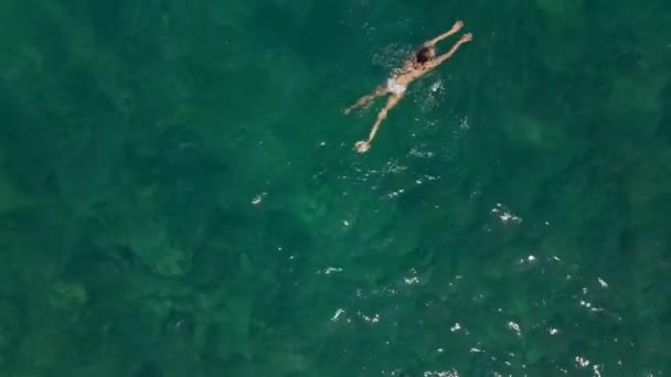Aerial Top View Beautiful Woman Enjoying Her Summer Break Floating — Stock Video