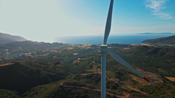 Aerial Close Large Spinning Wind Turbine Background Wind Farm Sunset — Stock Video