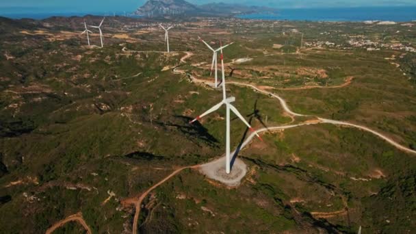 Aerial Establishing Shot Wind Turbines Rotating Generating Green Ecological Energy — Vídeo de stock