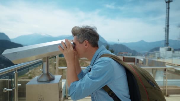 Man Traveler Backpack Walking View Point Mountain Top Enjoying Mountains — Stock Video