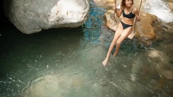 Beautiful Slim Sporty Girl Black Swimsuit Having Fun Waterfalls Bali — Stock Video