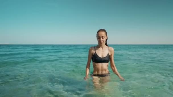 실외에서 하늘을 배경으로 해변에서 즐기는 여자가 여름날즐겁게 — 비디오