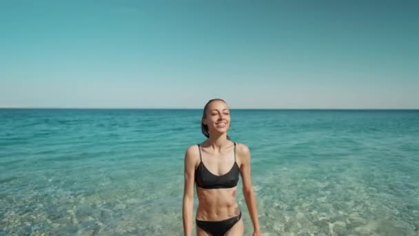 青空を背景に海のビーチで楽しむ笑顔の若い女性モデルの屋外ショット 夏の日に遊びに来た女 — ストック動画