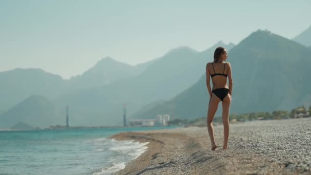 Zpět Pohled Krásná Smyslná Žena Černých Bikinách Opalování Mořské Pláži — Stock video