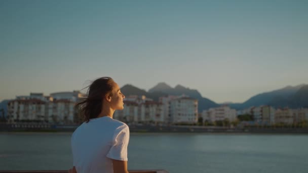 Zadní Pohled Dívčí Siluetu Stojící Dřevěném Molu Sledující Západ Slunce — Stock video