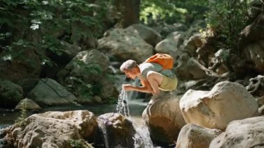 Ağır çekim yürüyüşçüsü nehirde kayalarla yürüyor ve ormanda yürüyüş yaparken dereden taze soğuk su içiyor. Sıcak yaz gününde vahşi ormanda yürüyüş, açık hava aktivitesi ve seyahat konsepti.