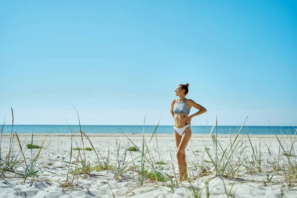Täydellinen Kesän Ranta Kuva Rusketus Bikinit Nainen Rentouttava Meren Rannalla — kuvapankkivalokuva