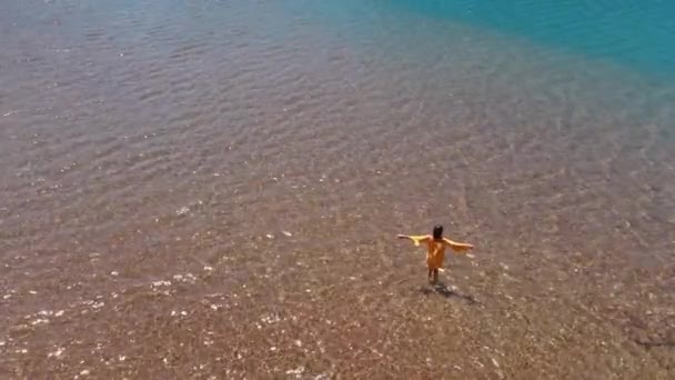 Vuelo Cirle Drone Sobre Mujer Feliz Turista Caminando Sobre Hermoso — Vídeo de stock
