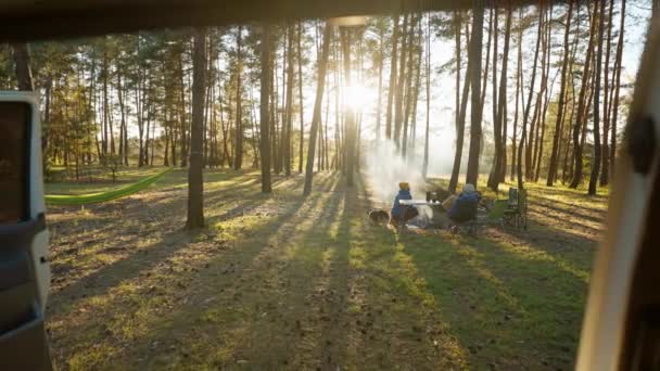 Pov キャンピングカーバンの内側からキャンプ場で喫煙されたキャンプファイヤーで美しい森への最初の人物の眺め 秋の夜の松の森で屋外でピクニックする友人 車の旅と自然の中での休暇 — ストック動画