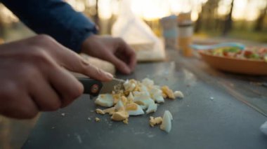 Doğada piknik. Kadın dışarıda yemek pişiriyor. Yakın plan kadın elleri günbatımında sonbahar ormanında salata için yumurta kesiyor. Hafta sonu gezisi ve doğada kamp.