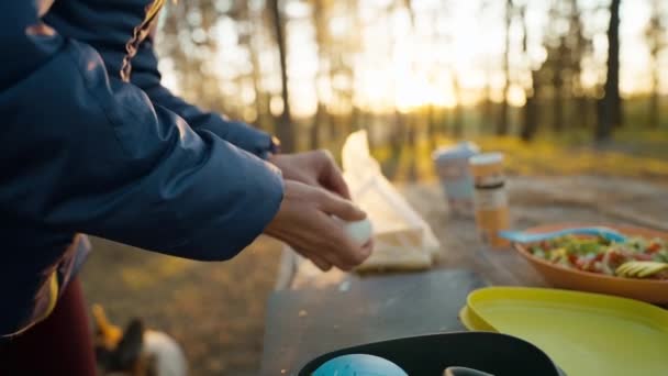Picnic Outdoors Nature Woman Cooking Food Outdoors Closeup Female Hands — Stock Video