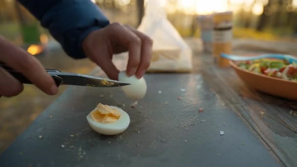 自然の中で屋外でピクニック 屋外で料理をする女性 秋の森でサラダのために卵を切るクローズアップ女性の手 週末の旅と自然の中でキャンプ — ストック動画