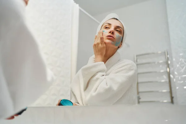 Rejuvenating Power Natural Skincare Woman Wearing Robe While Applying Nutritious — Stock Photo, Image
