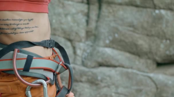 Dişi Atletik Kaya Tırmanışçısı Kayalara Tırmanmaya Hazırlanıyor Uçurumun Altına Tebeşirle — Stok video