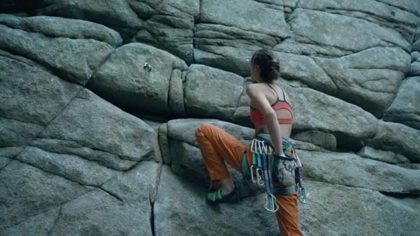 Junge Schlanke Muskulöse Bergsteigerin Klettert Auf Harter Sportroute Sucht Greift — Stockvideo