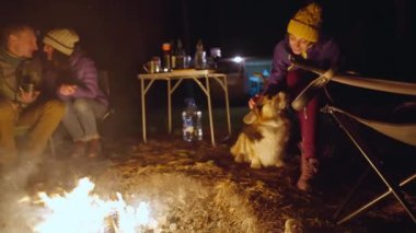 Kamp ateşinin yanında oturan bir grup arkadaş gece kamp yaparken tütsülenmiş kamp ateşiyle. Sonbahar akşamı çam ormanlarında piknik yapan arkadaşlar. Araba yolculuğu ve doğada tatil