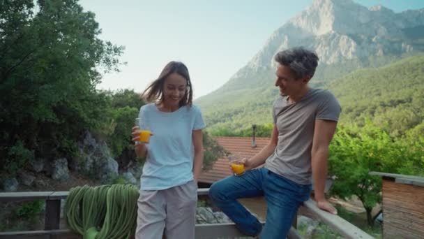 Young Woman Man Lovely Couple Having Orange Juice Breakfast Camping — Stock Video