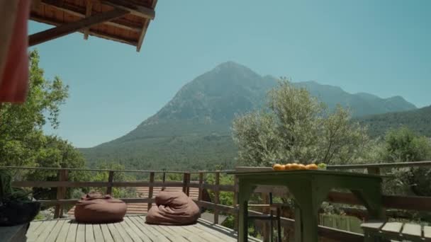 Great View Wooden Bungalow Terrace Amazing Landscape Mountains Green Forest — Stock Video