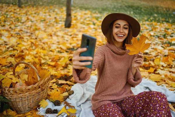 Autumn Trendy Style Woman Hat Knit Sweater Captures Moment Selfie Royalty Free Stock Images