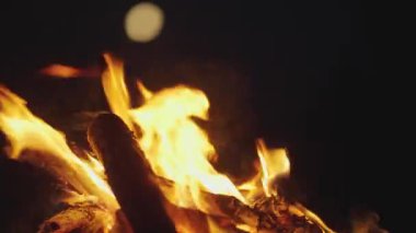 Gece sahnesi. Akşamları Orman 'da yanan şenlik ateşi. Alevli Kamp Ateşi. Doğadaki Şömine, Ağır Çekim. Açık havada ormanda piknik.