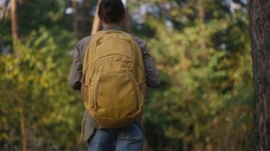 Hippi kız doğal ormanda yürüyor. Yalnız başına yürüyüş yapan bir kadın. Aktif yaşam tarzı. Ormandaki insanlar. Orman parkında turist yürüyüşü