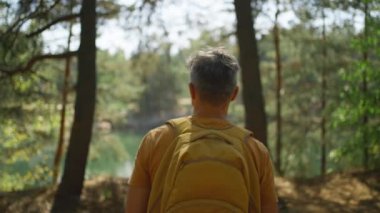 Erkek turist güneşli bir sonbahar gününde sonbahar ormanında yolda yürür. Sarı sırt çantalı erkek yürüyüşçü güneşli bir sabahta dağ gölünün etrafındaki ormanda yürüyüş yapıyor. Açık hava macerası..