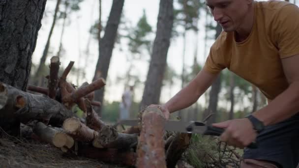 Man Turist Nedskärningar Log Med Handsåg Kvällen Skogen Resenär Förbereder — Stockvideo