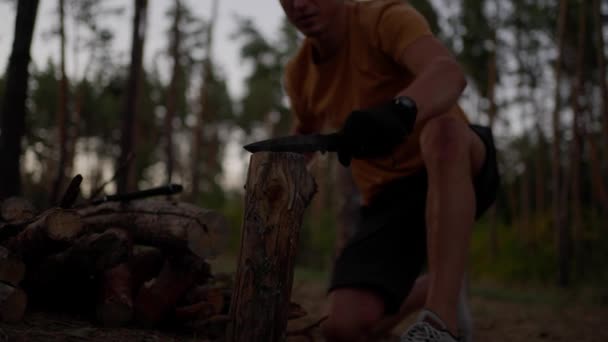 男性の観光客は森の夜に斧の代わりに大きな戦闘ナイフで木を切ります キャンプファイヤーのための薪を準備する旅行者 野生の男だ 野生の自然の中で生き残った屋外のハイカー 火を作る — ストック動画