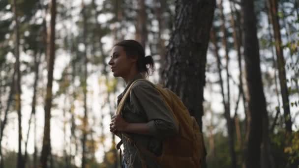 Πορτρέτο Τουρίστρια Γυναίκα Κίτρινο Σακίδιο Στο Δάσος Στέκεται Κοιτάζοντας Γύρω — Αρχείο Βίντεο