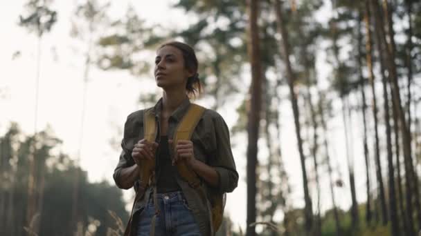 Zwolniony Film Kobieta Żółtym Plecakiem Spacery Szlakiem Jesiennym Lesie Kobieta — Wideo stockowe