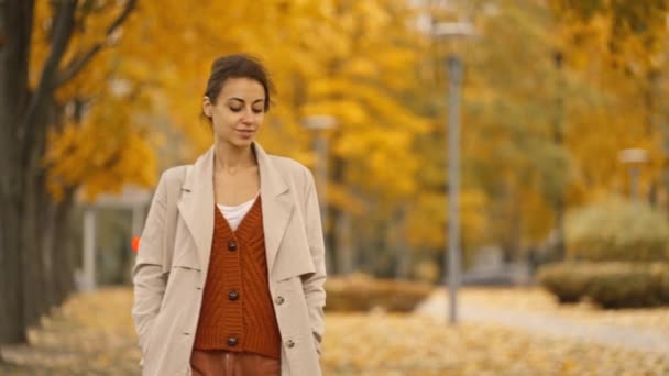 秋天的户外风貌美丽的年轻女子 在城市公园里快乐的女学生 一路平安 秋天的美丽 金黄的叶子 — 图库视频影像