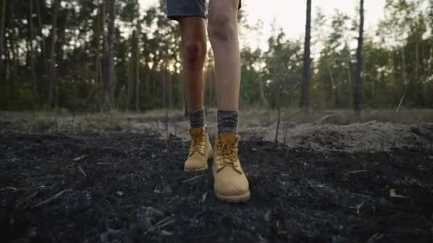 Yürüyüş Botlarıyla Kadın Yürüyüşçüler Ormanda Orman Yangınından Sonra Yanmış Çimlerde — Stok video