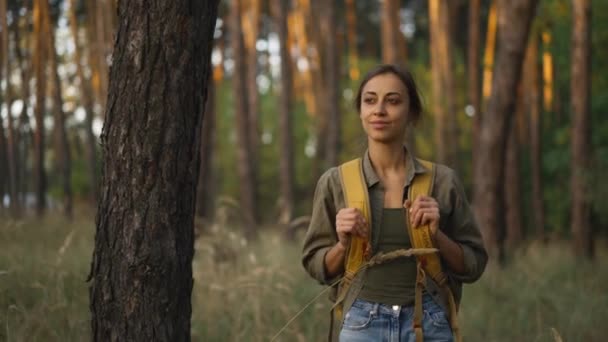 秋天的森林里 一个身披黄色背包的慢镜头女人在小径上走着 背着背包的女徒步旅行者拿着高草穿过树林 有选择的重点 在乌克兰旅行 — 图库视频影像