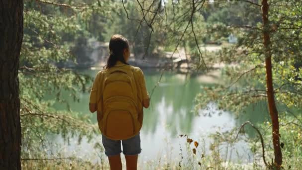 Caminhante Mulher Caminhando Trilha Torno Lago Montanha Manhã Ensolarada Outono — Vídeo de Stock
