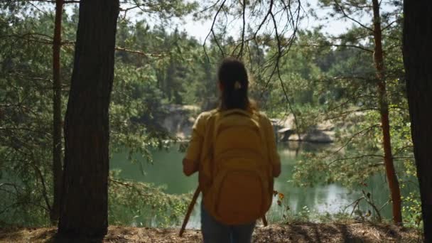 暑い日には秋の松林で晴れた朝に山湖周辺を歩く女性ハイカー 森でハイキング アドベンチャーアウトドアライフスタイルで黄色いバックパックを持つ女性旅行者 — ストック動画