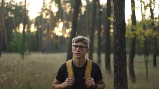秋の森のトレイルで黄色いバックパックウォークでメガネでスローモーション大人の灰色の男 バックパックを持った男性のハイカーは 高い草で木を通って上って行きます 選択的な焦点 ウクライナ旅行 — ストック動画