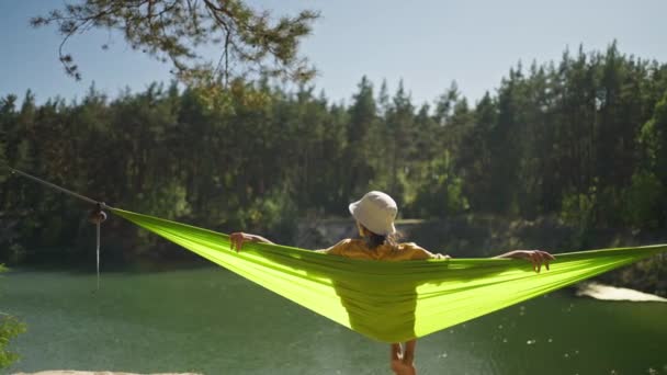 Relaxed Woman Swinging Hammock Mountain Lake Shore Forest Wanderlust Summer — Stock Video