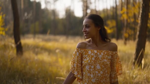 주위를 노란색 선드레스에 그녀는 자연과 혼자있는 즐깁니다 아름다움을 녹음을 슬로우 — 비디오