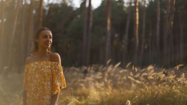 숲에서 노란색 선드레스를 공원에서 카메라를 드레스에서 화려한 소녀의 초상화 — 비디오