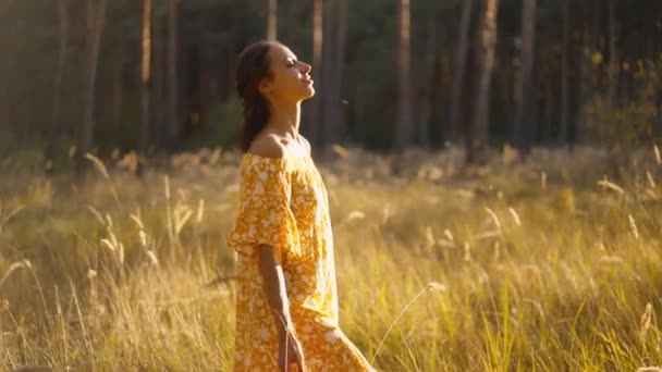 숲에서 노란색 선드레스를 공원에서 자연에서 드레스 야외에서 즐거운 — 비디오