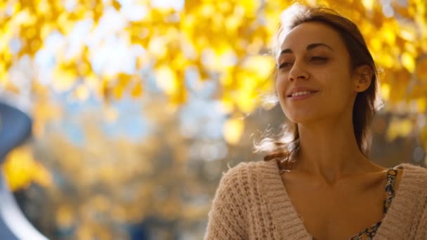 在一个阳光灿烂的日子里 一个迷人的黑发女子在公园里散步的画像 秋天的户外 一个快乐美丽的女人的脸 慢镜头4K — 图库视频影像