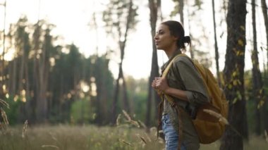 Park 'ta kadın yürüyüşçü. Sarı sırt çantalı kız turist gün batımında orman parkında yürüyor. Yaz turizmi konsepti. Vahşi parktaki çam ormanlarında yürüyüş yapan bir yürüyüşçü. feminizm kavramı